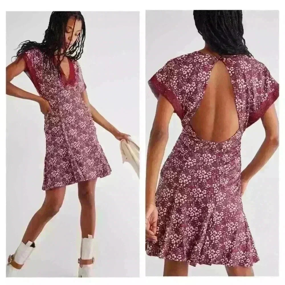 Free People Sweet Talker Floral 90s Lace Open Back Mini Dress In Merlot XS